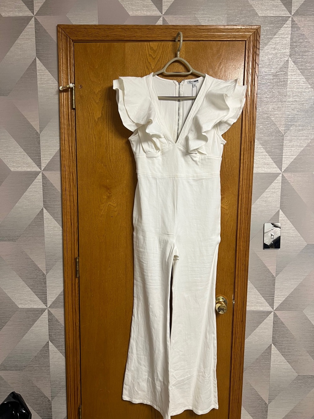 Fashion Nova White Ruffle Sleeve V-Neck Jumpsuit